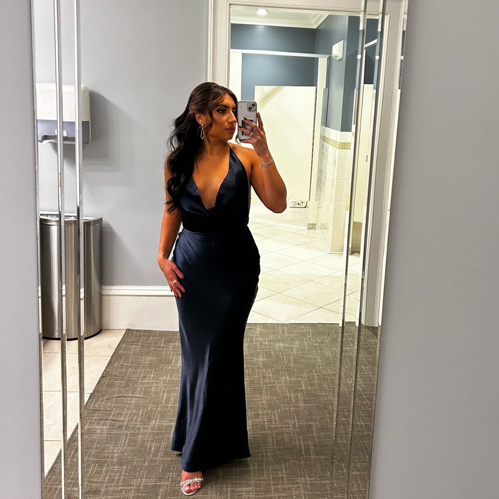 Navy Satin Halter Dress with low Back